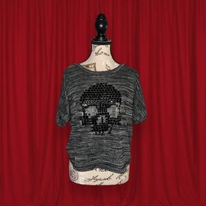 grunge embellished skull top grey basic top with beading